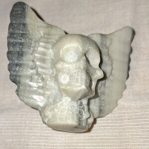 Gray and White  Jade Angel Wing Skull Sculpture